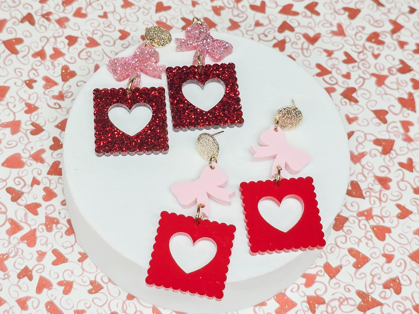 Bow Stamp Acrylic Earrings, Valentine's Accessories, Valentine Pendant, Heart Acrylic, Bow Jewelry