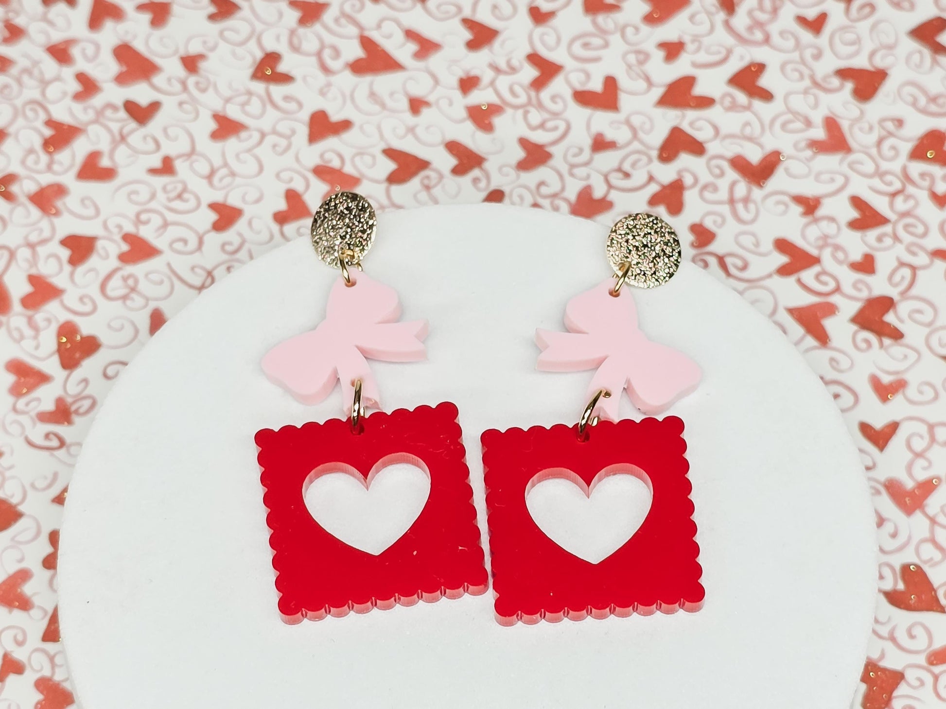Bow Stamp Acrylic Earrings, Valentine's Accessories, Valentine Pendant, Heart Acrylic, Bow Jewelry