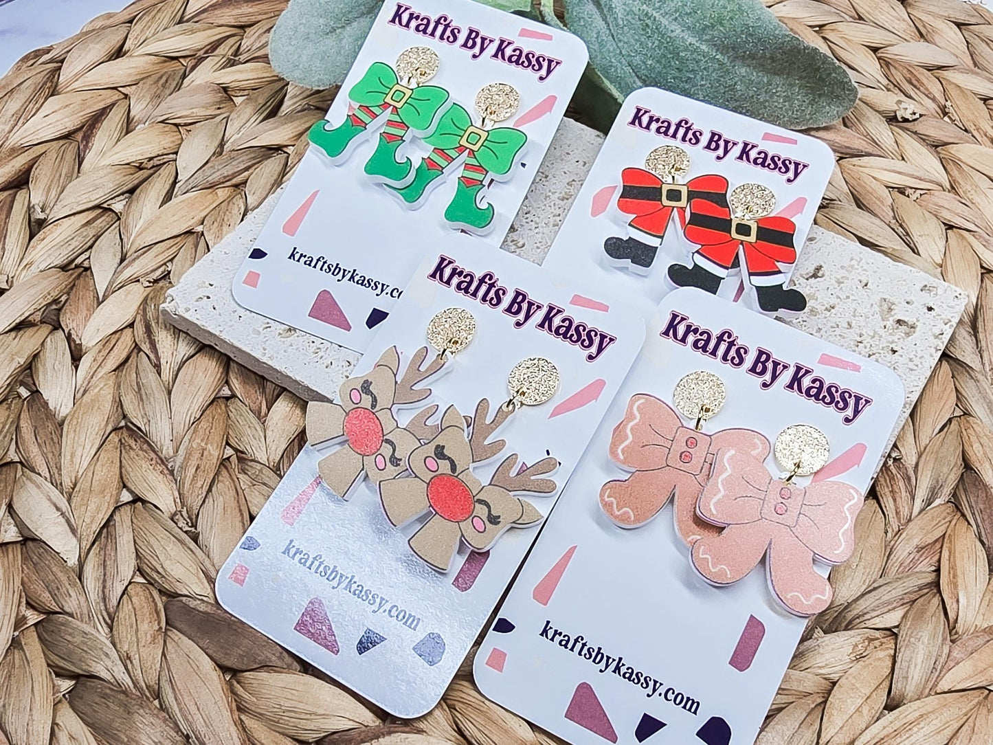 Santa Bow Earrings, Elf Accessories, Gingerbread Acrylic, Reindeer Jewelry