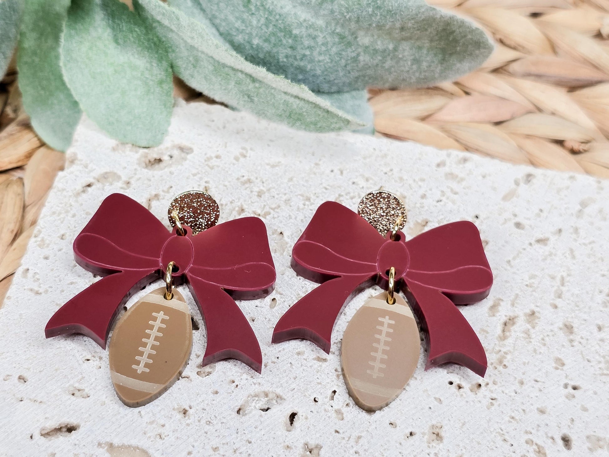 Football Coquette Bow Earrings, Acrylic Sports Jewelry