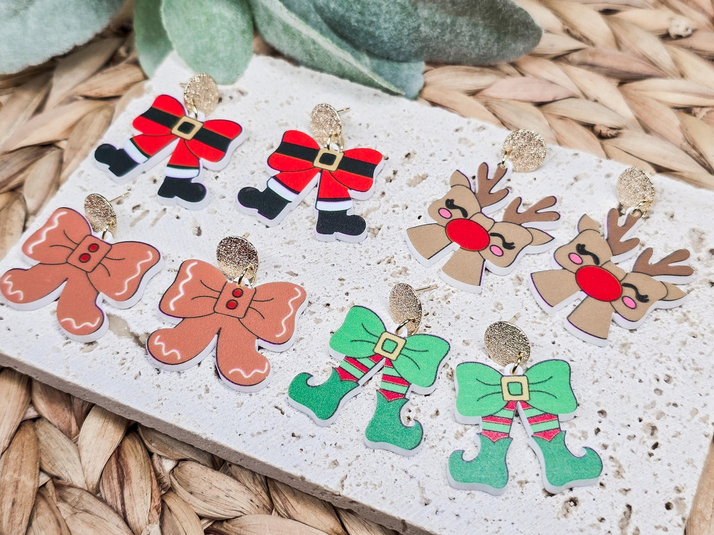 Santa Bow Earrings, Elf Accessories, Gingerbread Acrylic, Reindeer Jewelry