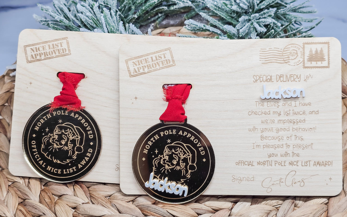 Nice List Metal and Plaque, Christmas Decor, Santa Sign, Grandkid Ornament