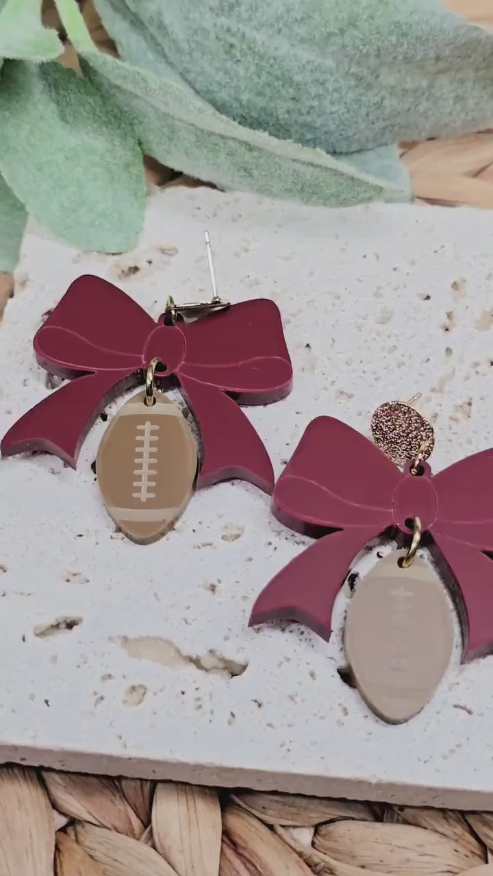 Football Coquette Bow Earrings, Acrylic Sports Jewelry