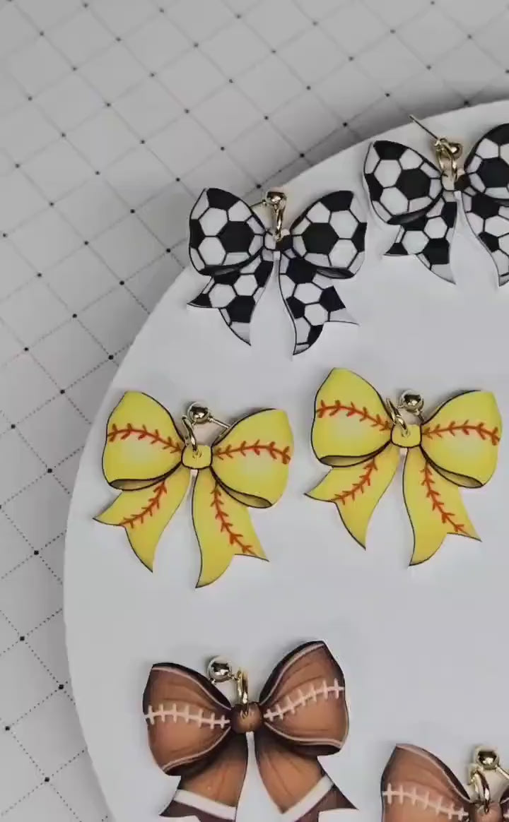 Sports Bow Earrings, Statement Acrylic Earrings, Soccer Acrylic Dangles, Sports Mama Gift