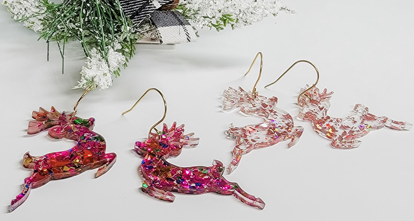 Rose Gold Flake Glitter Reindeer Earrings