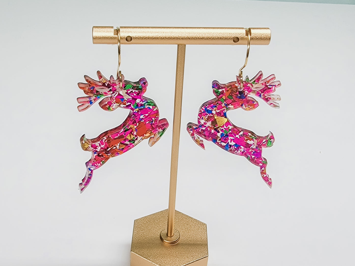 Pink Confetti Reindeer Earrings