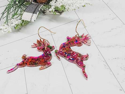 Pink Confetti Reindeer Earrings