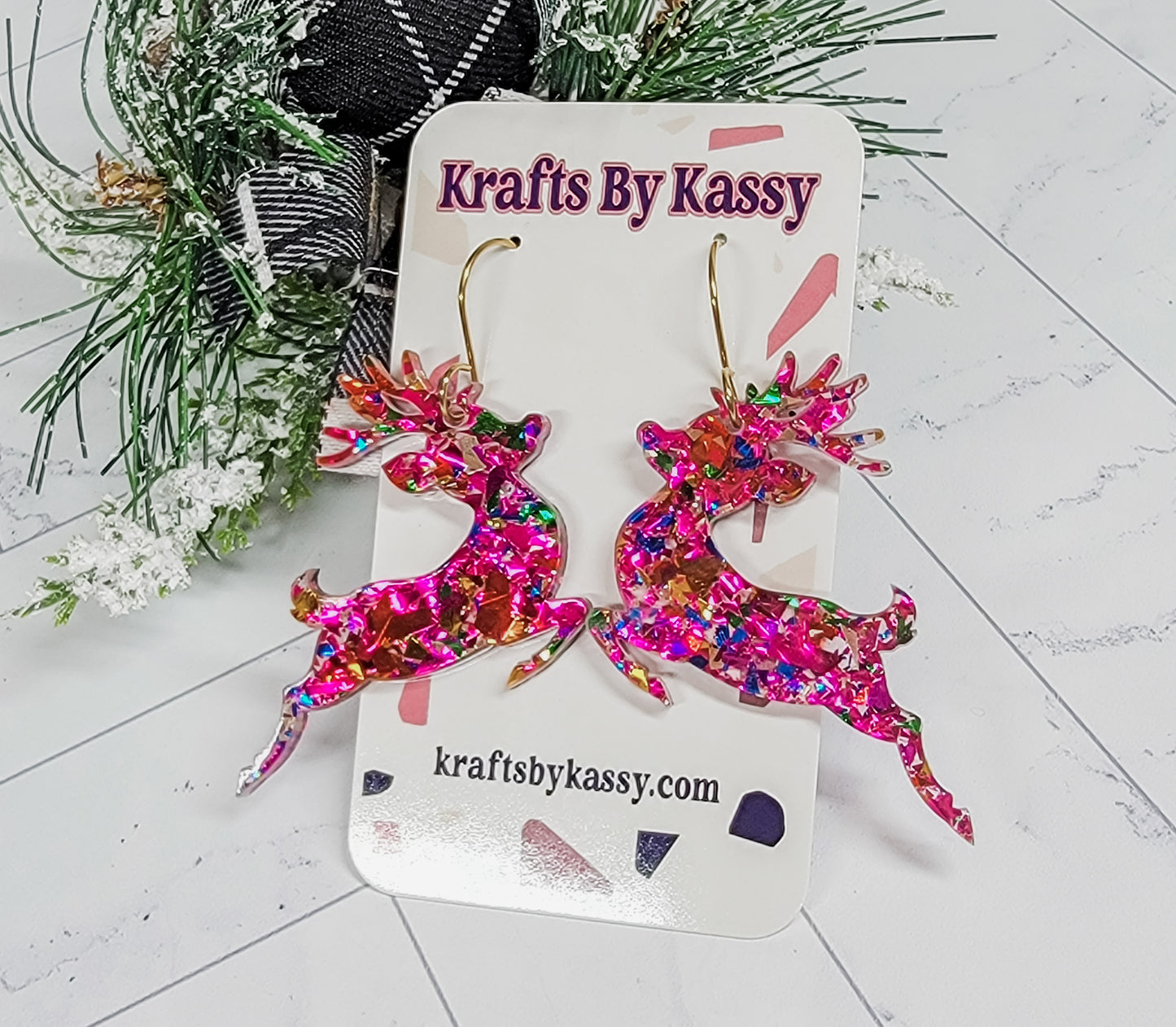 Pink Confetti Reindeer Earrings