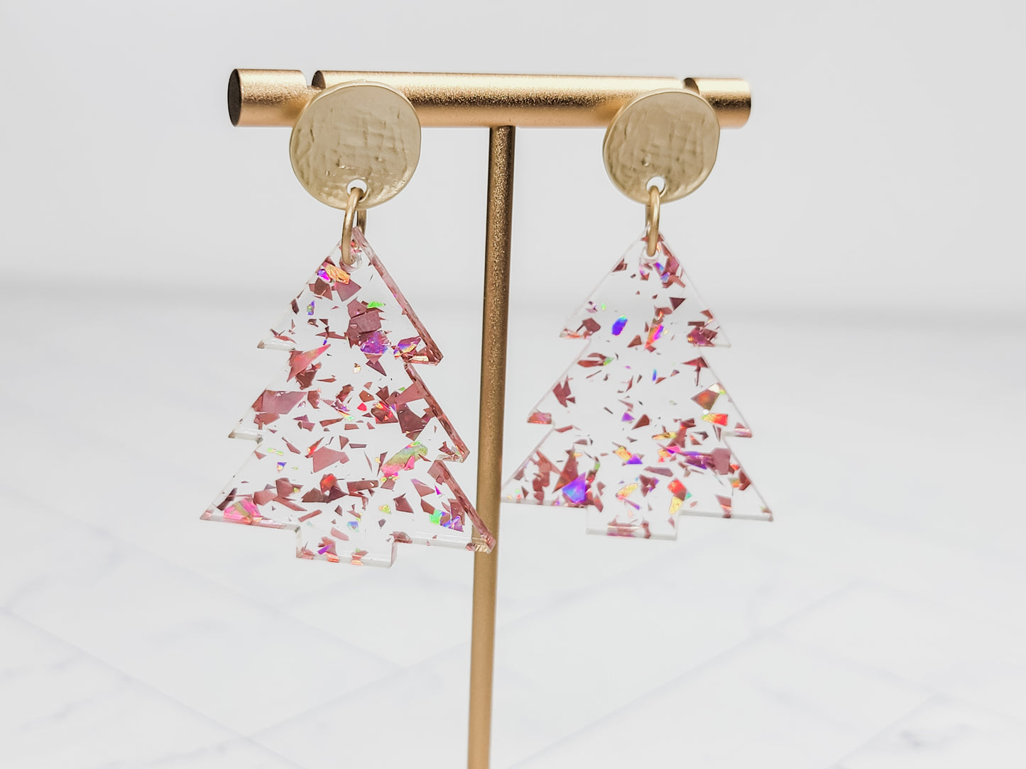 Rose Gold Flake Glitter Christmas Tree Earrings