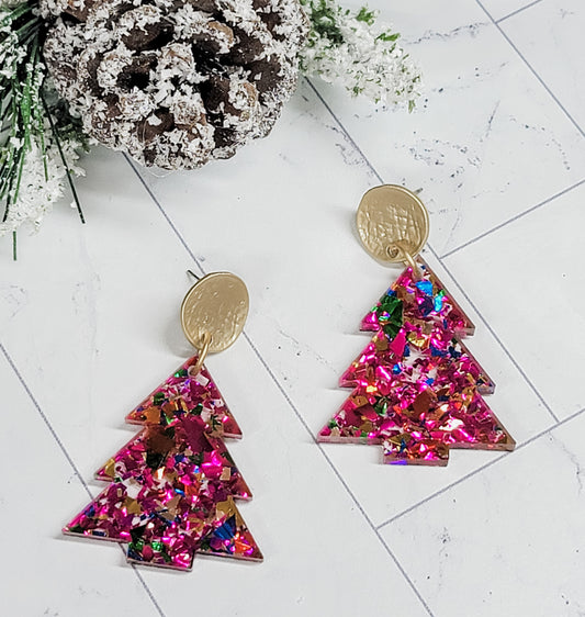 Pink Confetti Glitter Christmas Tree Earrings