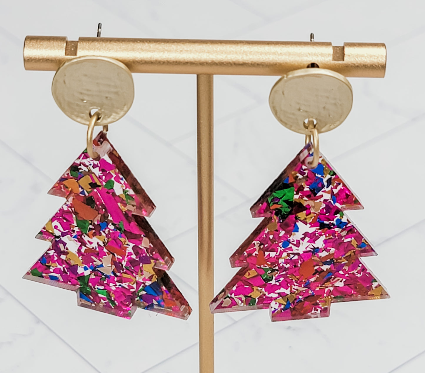 Pink Confetti Glitter Christmas Tree Earrings