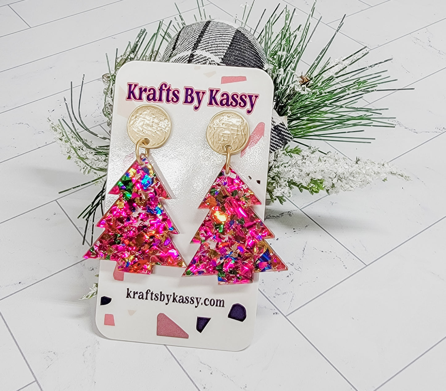 Pink Confetti Glitter Christmas Tree Earrings