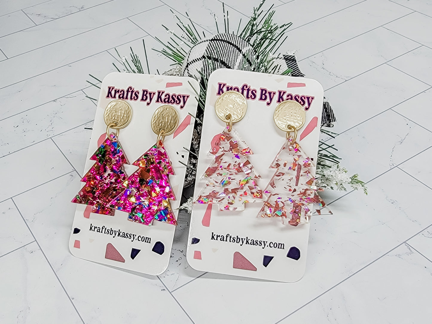 Pink Confetti Glitter Christmas Tree Earrings