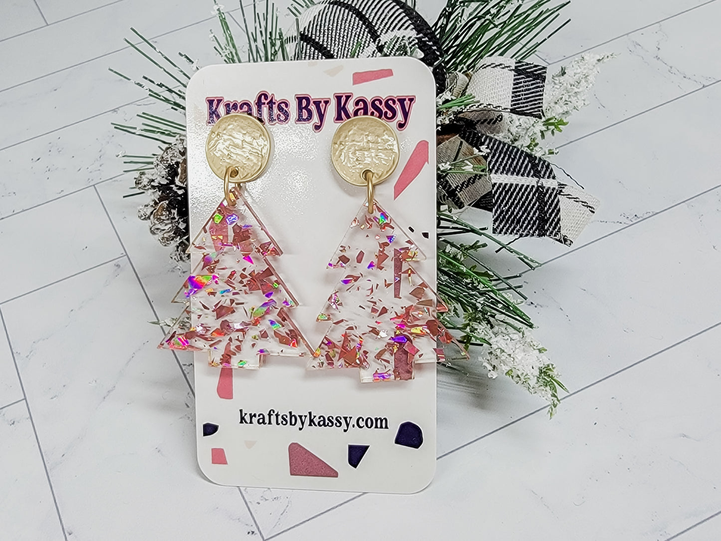 Rose Gold Flake Glitter Christmas Tree Earrings