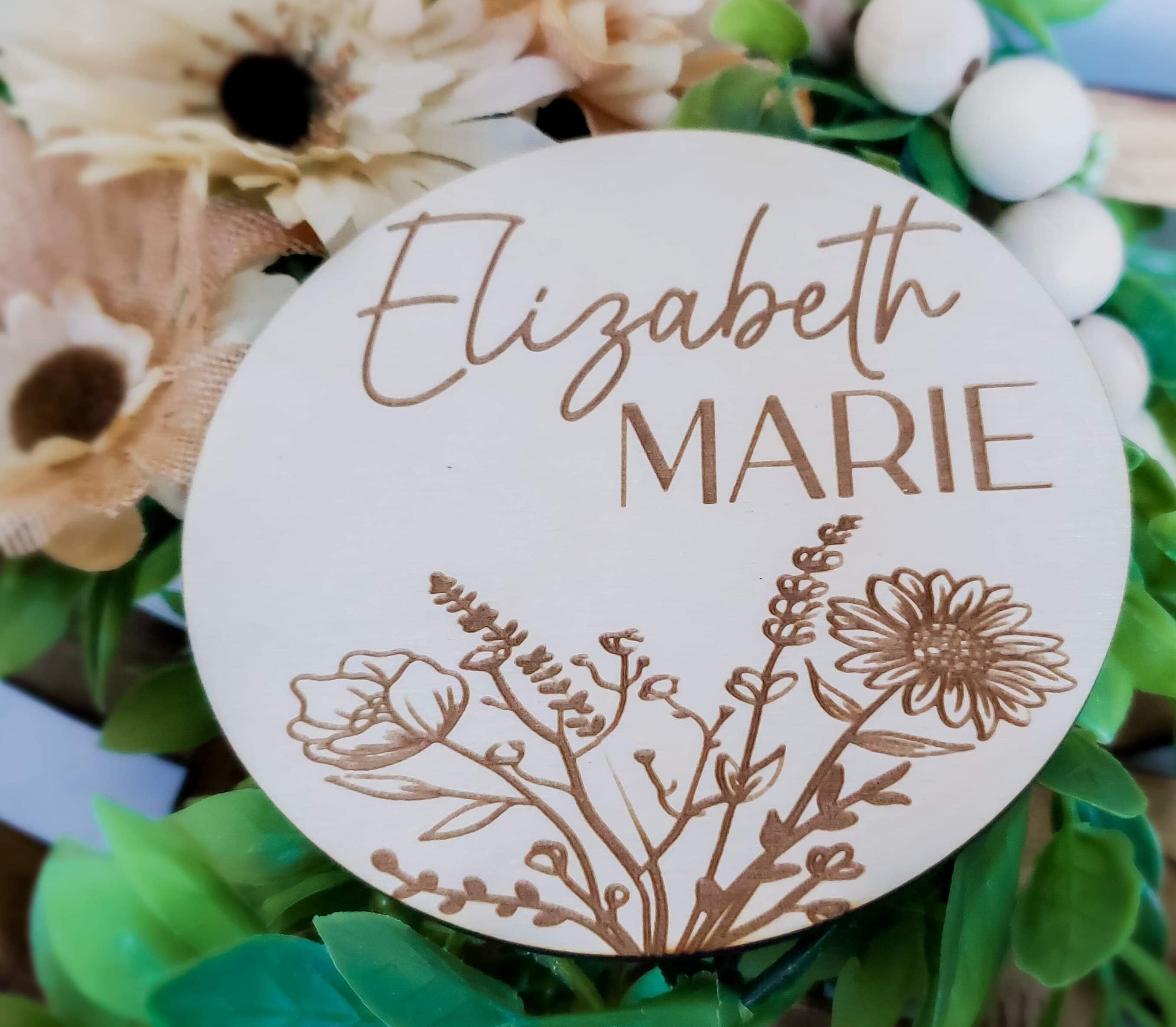 Wildflower Birth Announcement Sign, Engraved Wooden Name Sign, New Baby Announcement Sign, Newborn Photo Prop, Baby Shower Gift, Fresh 48