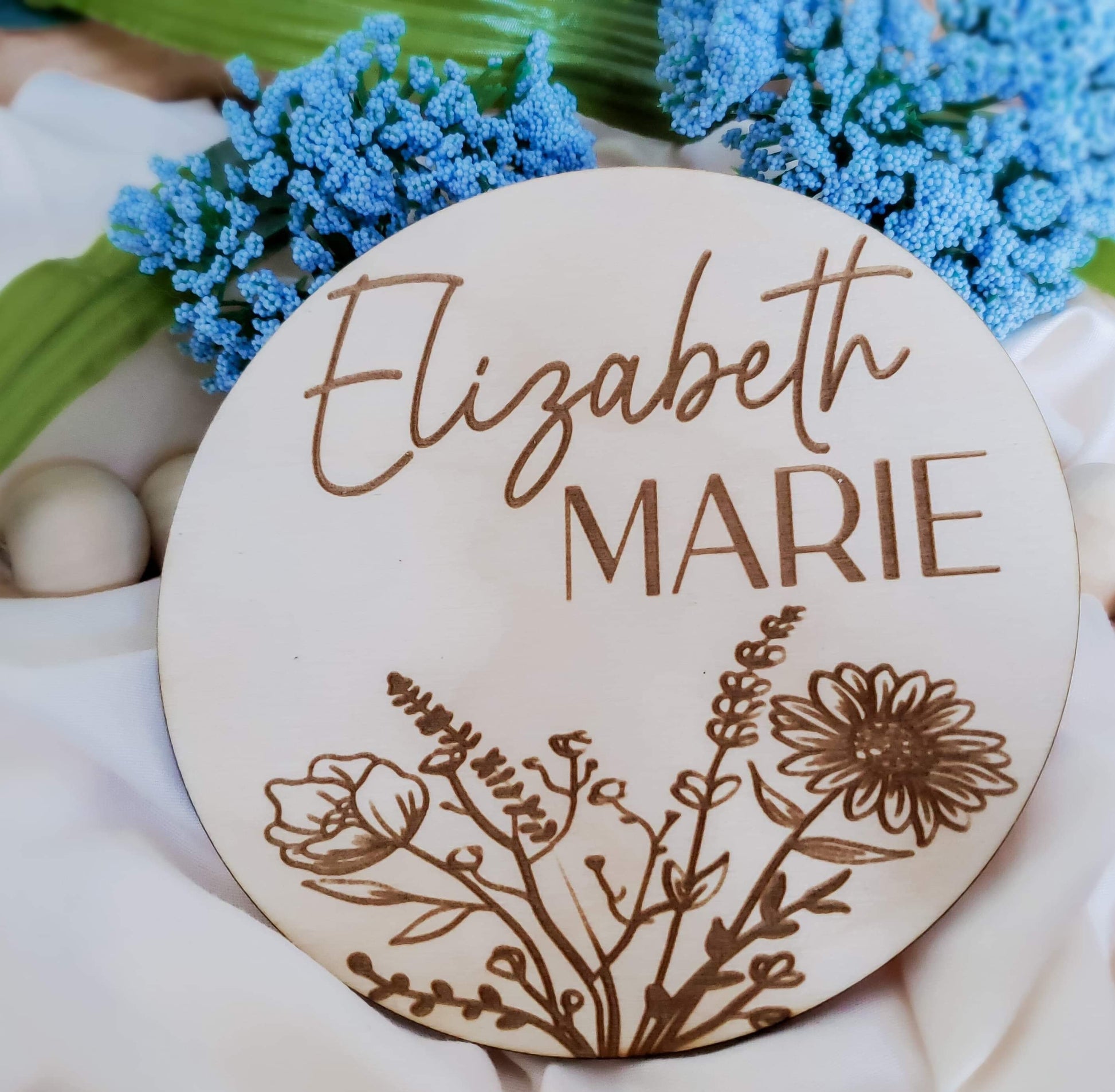 Wildflower Birth Announcement Sign, Engraved Wooden Name Sign, New Baby Announcement Sign, Newborn Photo Prop, Baby Shower Gift, Fresh 48