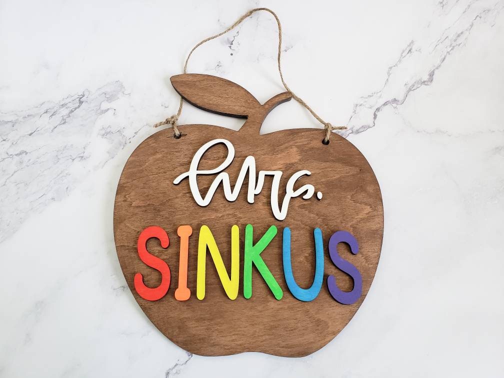 Personalized Teacher Sign, Apple 3D Sign, Classroom Decor, Unique Teacher Gift, Wooden Teacher Sign, Apple Sign, Kindergarten Teacher Sign
