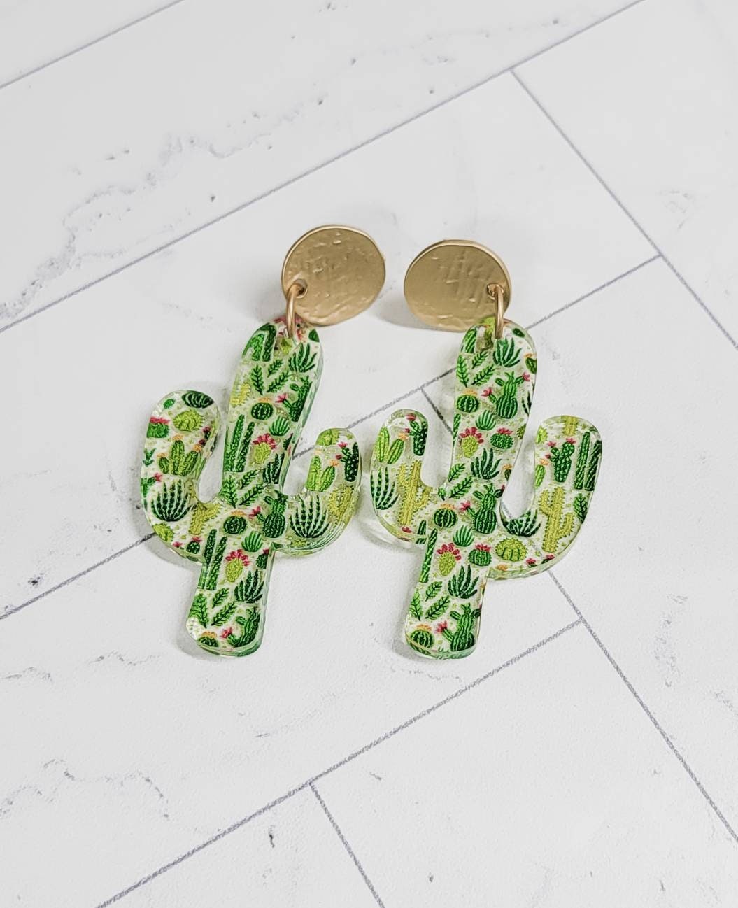 Cactus Acrylic Earrings, Floral Jewelry, Western Themed Designs, Summer Dangles