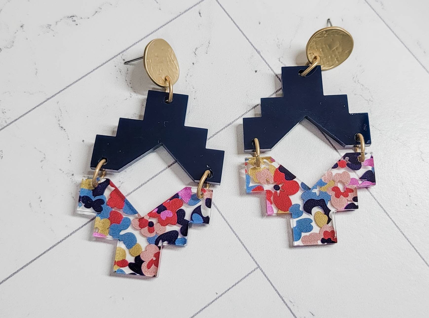 Aztech Floral Acrylic Earrings, Floral Jewelry, Western Themed Designs, Summer Dangles