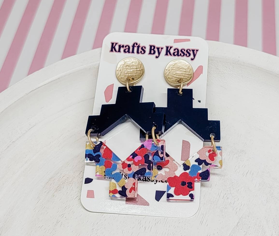 Aztech Floral Acrylic Earrings, Floral Jewelry, Western Themed Designs, Summer Dangles