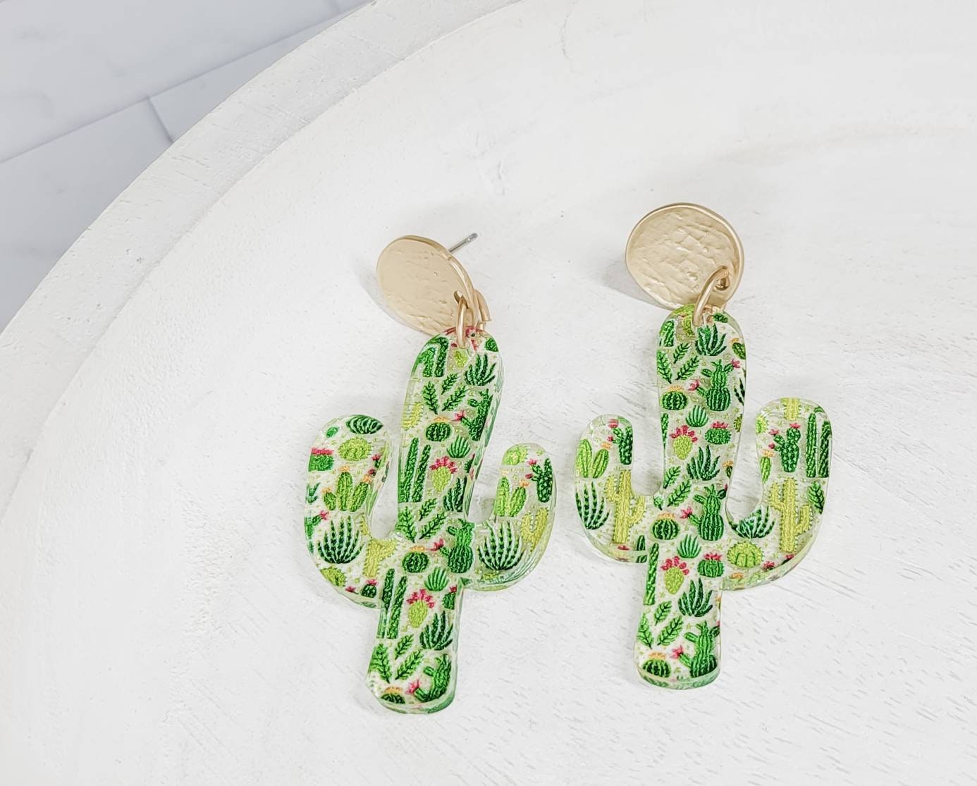 Cactus Acrylic Earrings, Floral Jewelry, Western Themed Designs, Summer Dangles