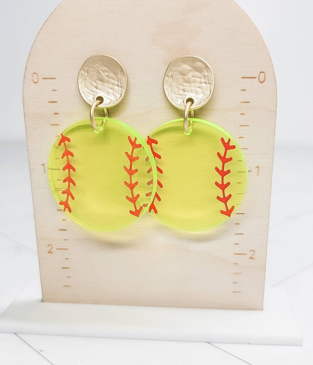 Softball Earrings, Sports Earrings, Statement Acrylic Earrings, Softball Acrylic Dangles, Sports Mama Gift