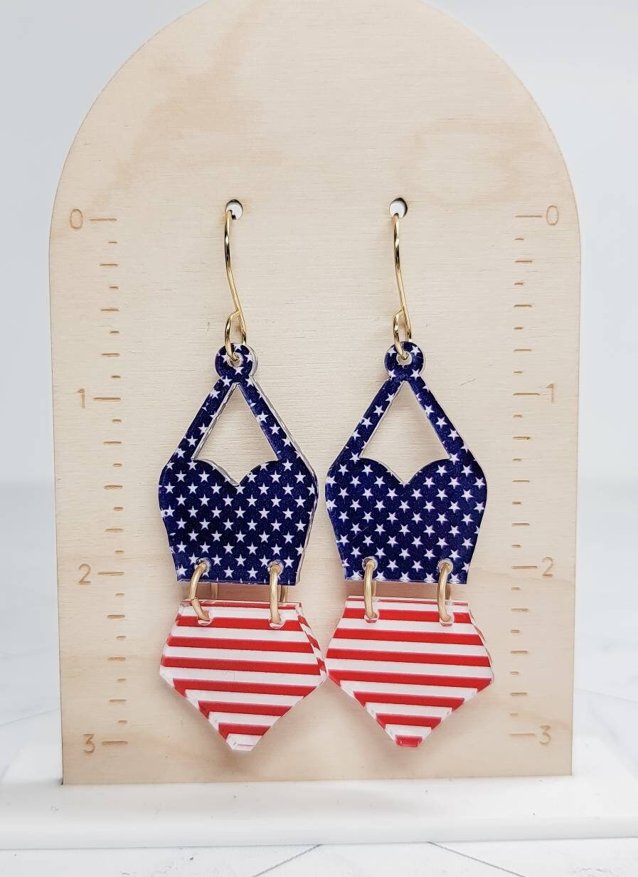 4th of July Earrings, Bathing Suit Earrings, American Flag Jewelry, Patriotic Jewelry, USA Accessories, Patriotic Statement Earrings