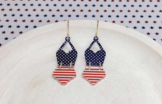 4th of July Earrings, Bathing Suit Earrings, American Flag Jewelry, Patriotic Jewelry, USA Accessories, Patriotic Statement Earrings