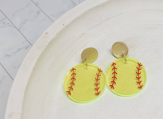 Softball Earrings, Sports Earrings, Statement Acrylic Earrings, Softball Acrylic Dangles, Sports Mama Gift