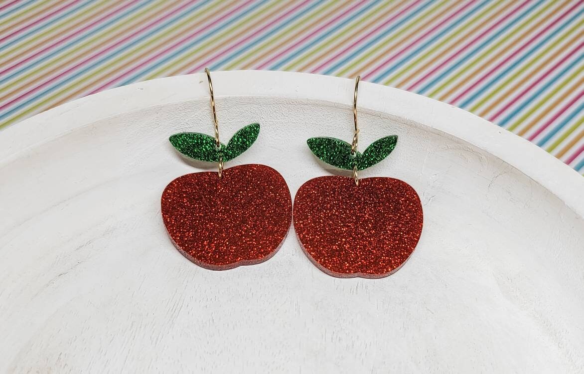 Apple Earrings, Elementary Teacher Gift, Acrylic Earrings, Fun Accessories, Hypoallergenic Hooks