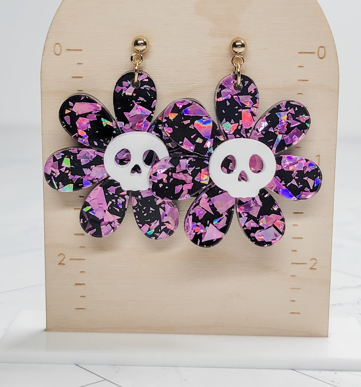 Skull Earrings, Skull Daisy Accessories, Halloween Earrings, Spooky Jewelry, Fall Earrings, Statement Jewelry, Gothic Floral Earrings