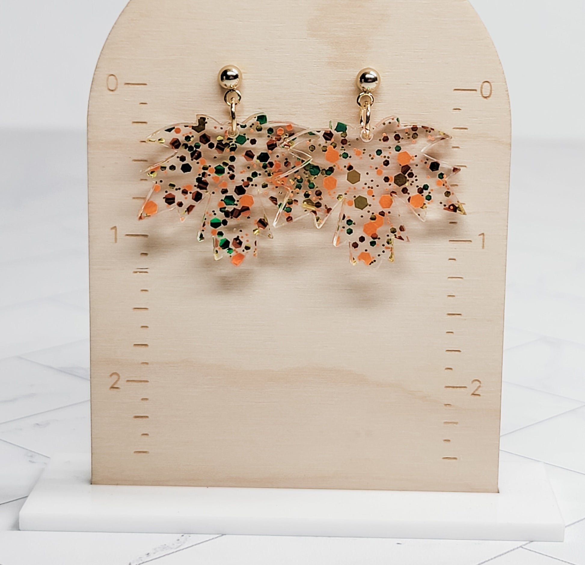 Maple Leaf Earrings, Mini Leaf Dangle, Fall Glitter Earrings, Thanksgiving Ball Studs, Leaf Jewelry