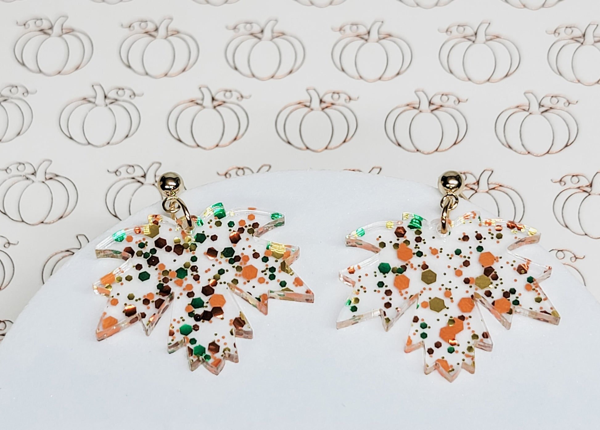Maple Leaf Earrings, Mini Leaf Dangle, Fall Glitter Earrings, Thanksgiving Ball Studs, Leaf Jewelry