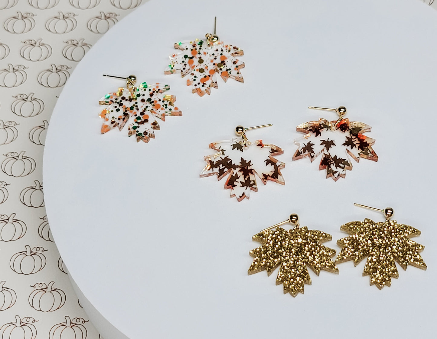 Maple Leaf Earrings, Mini Leaf Dangle, Fall Glitter Earrings, Thanksgiving Ball Studs, Leaf Jewelry