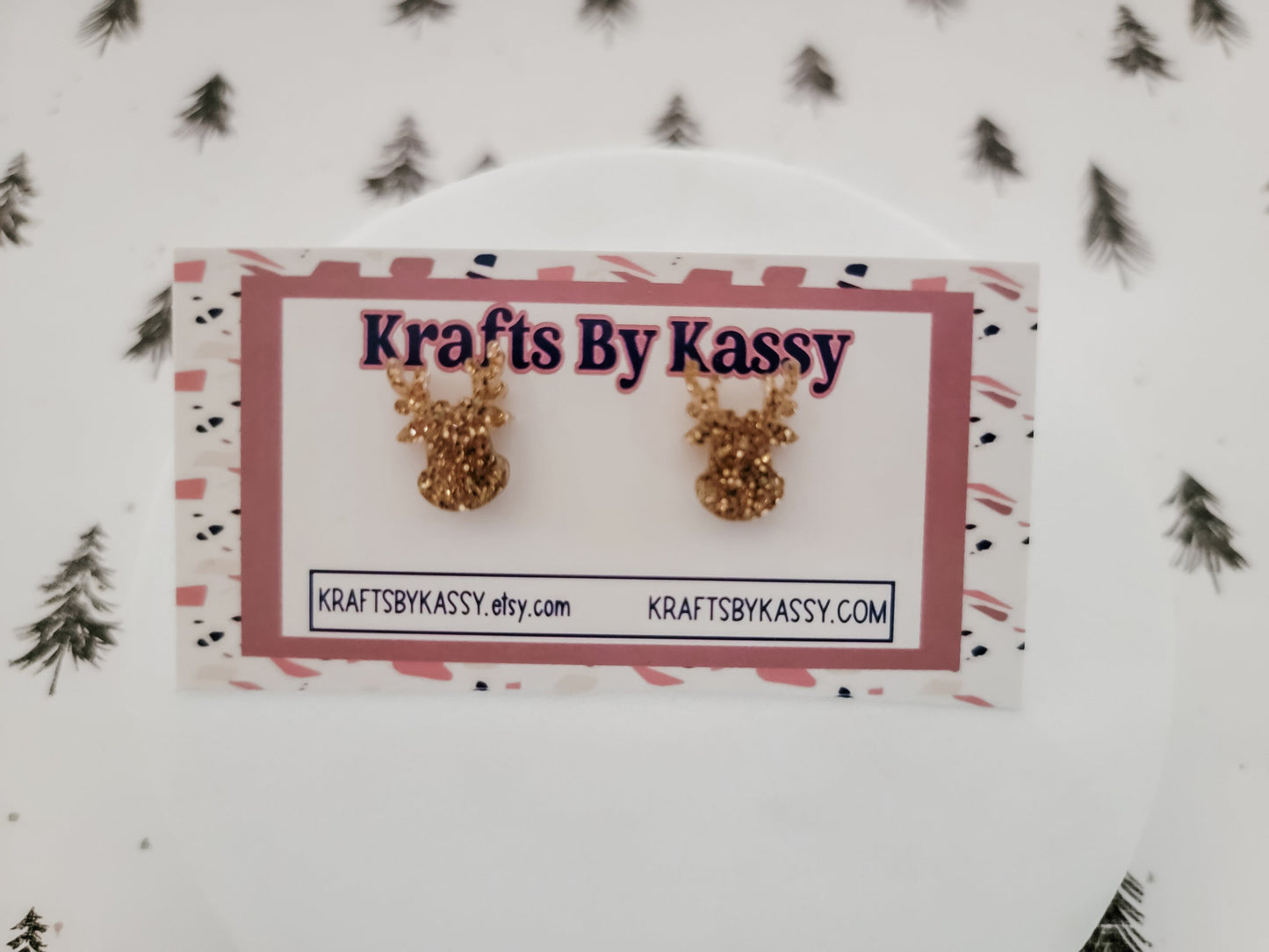 Reindeer Studs, Tree Earrings, Holiday Winter Accessories, Statement Acrylic Earrings, Christmas Acrylic Earrings, Glitter Reindeer Studs