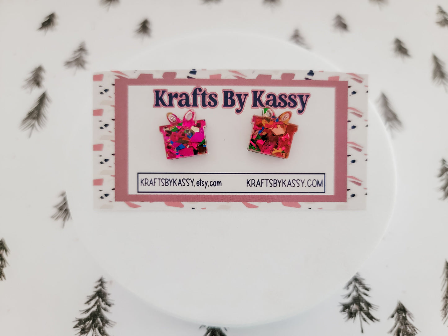 Present Studs, Tree Earrings, Holiday Winter Accessories, Statement Acrylic Earrings, Christmas Acrylic Earrings, Birthday Studs