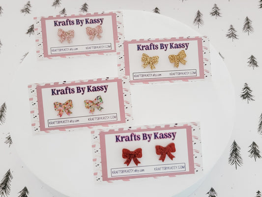 Bow Studs, Bow Earrings, Holiday Winter Accessories, Statement Acrylic Earrings, Christmas Acrylic Earrings, Glitter Bow Stud
