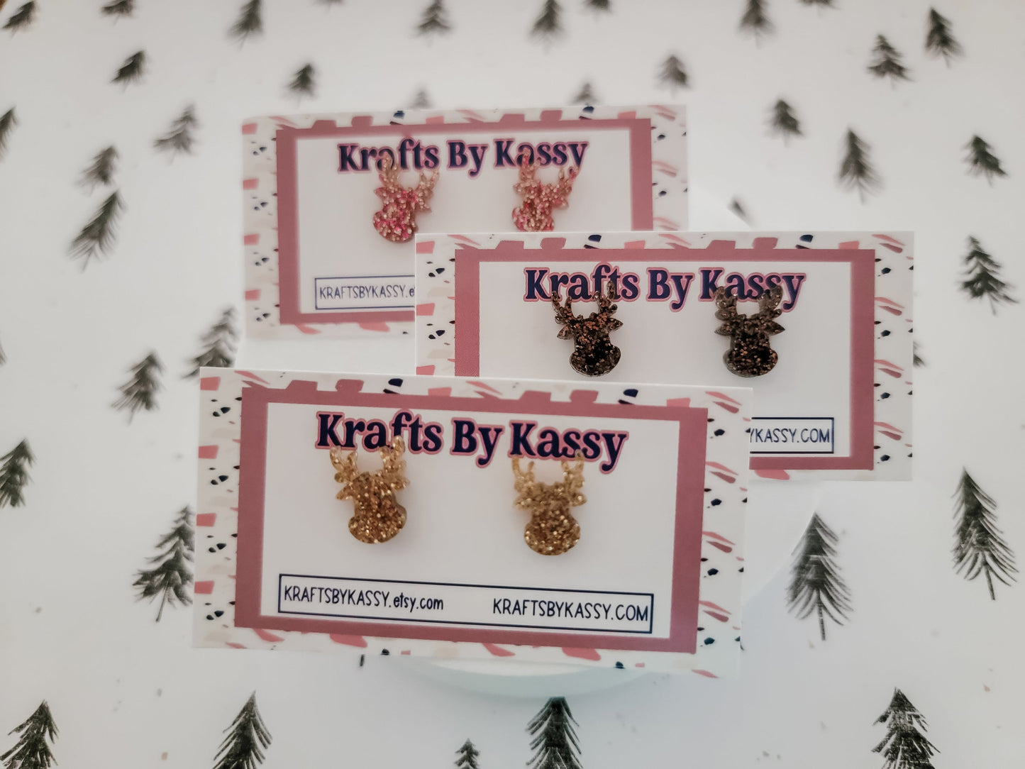 Reindeer Studs, Tree Earrings, Holiday Winter Accessories, Statement Acrylic Earrings, Christmas Acrylic Earrings, Glitter Reindeer Studs