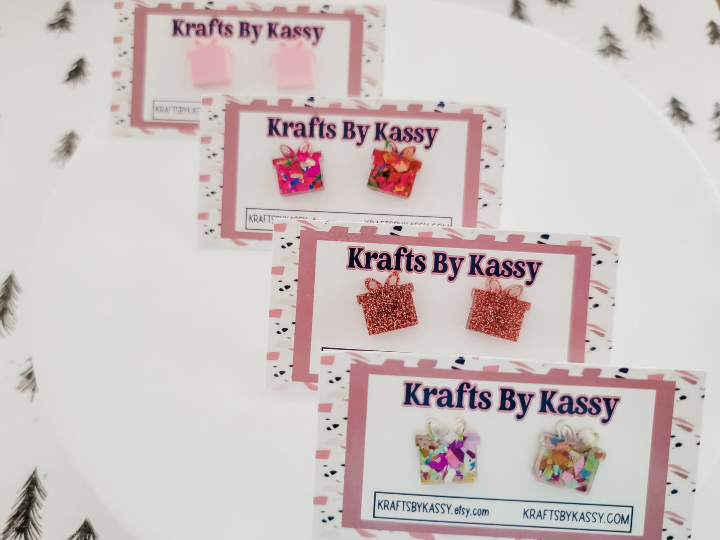 Present Studs, Tree Earrings, Holiday Winter Accessories, Statement Acrylic Earrings, Christmas Acrylic Earrings, Birthday Studs
