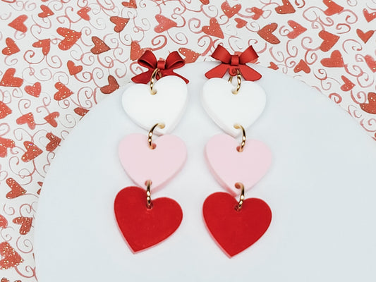 Stacked Heart Earrings, Valentine's Earrings, Fun Accessories, Statement Acrylic Earrings, Heart Acrylic Earrings, Red Bow Jewelry