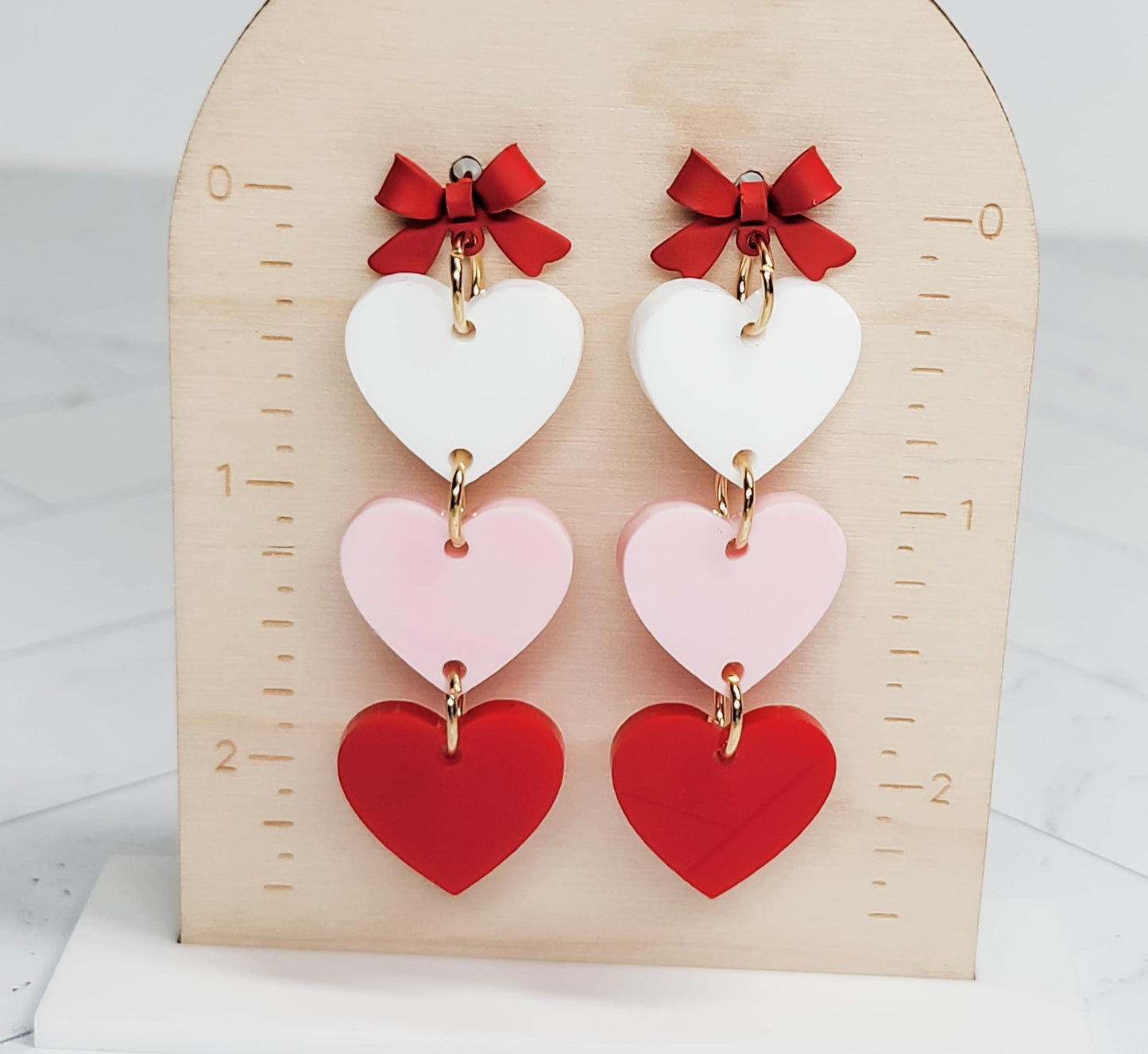 Stacked Heart Earrings, Valentine's Earrings, Fun Accessories, Statement Acrylic Earrings, Heart Acrylic Earrings, Red Bow Jewelry