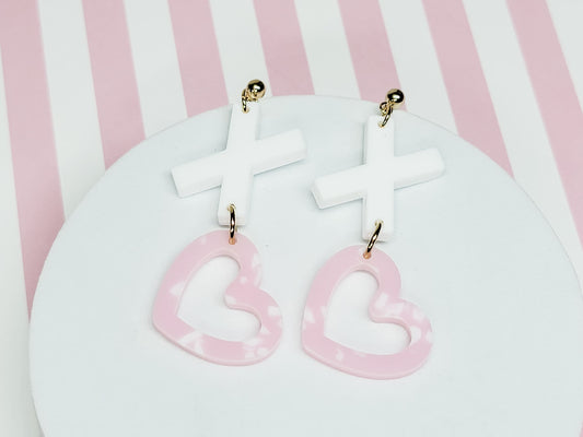 XO Acrylic Earrings, Valentine Jewelry, Fun Accessories, Statement Acrylic Earrings, Heart Acrylic Earrings, Pink Marble