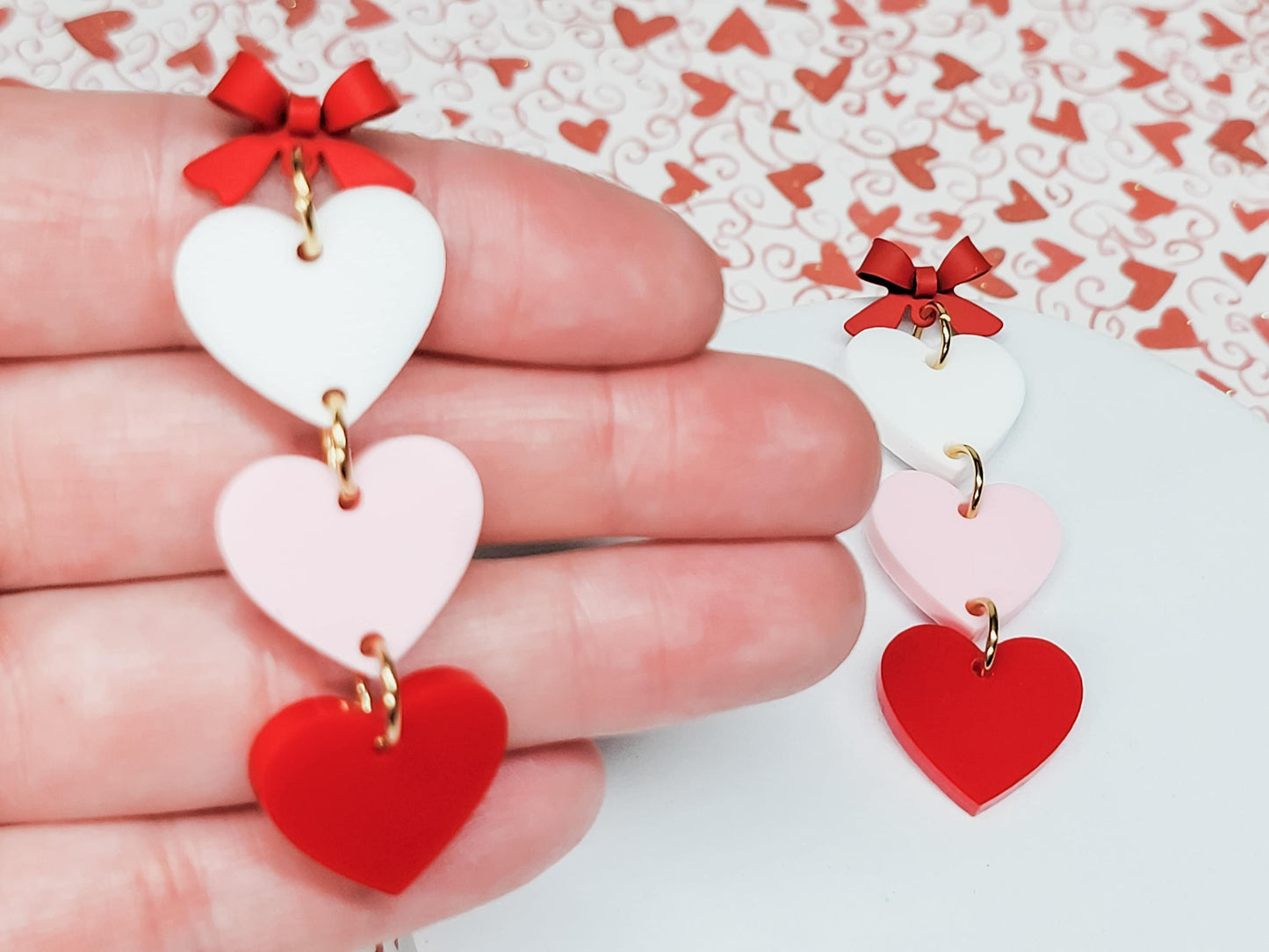 Stacked Heart Earrings, Valentine's Earrings, Fun Accessories, Statement Acrylic Earrings, Heart Acrylic Earrings, Red Bow Jewelry