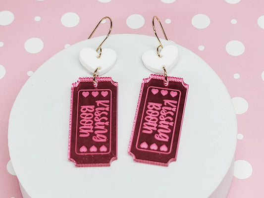 Kissing Booth Acrylic Earrings, Valentine's Earrings, Statement Acrylic Earrings, Heart Acrylic Earrings, Pink Bow Jewelry
