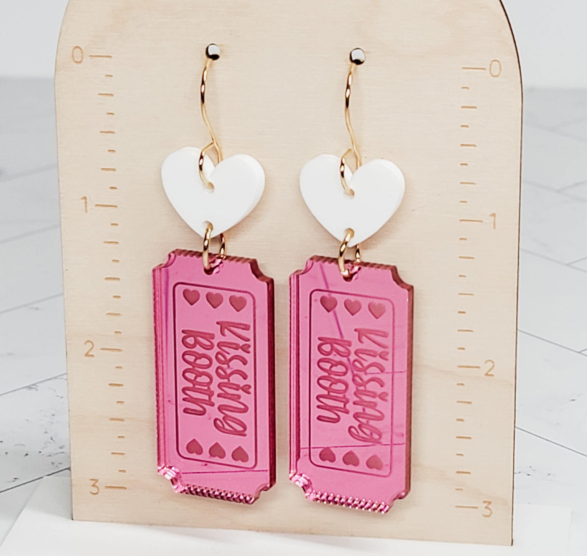 Kissing Booth Acrylic Earrings, Valentine's Earrings, Statement Acrylic Earrings, Heart Acrylic Earrings, Pink Bow Jewelry