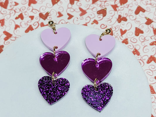 Purple Heart Earrings, Valentine's Earrings, Fun Accessories, Statement Acrylic Earrings, Heart Acrylic Earrings, Red Bow Jewelry