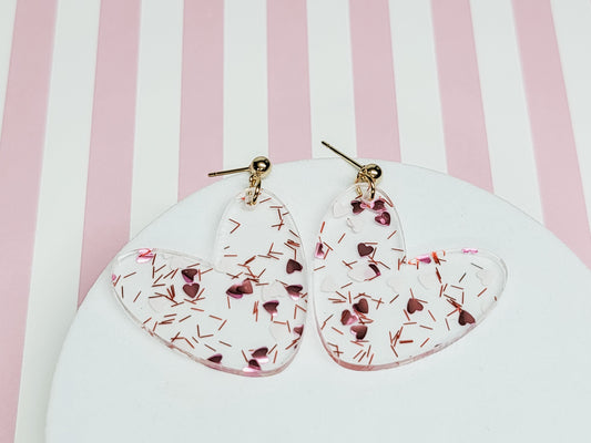 Heart Dangle Earrings, Valentine's Earrings, Fun Accessories, Statement Acrylic Earrings, Heart Acrylic Earrings, Pink Bow
