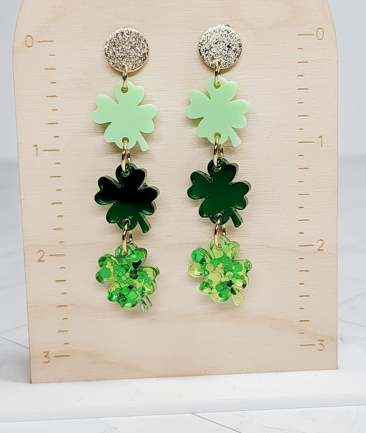 Green Stacked Shamrock Earrings, Saint Patrick's Day Shamrock Earrings, Shamrock Jewelry