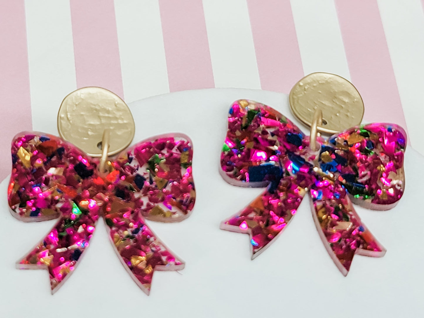 Glitter Bow Earrings, Bow Studs, Pink Acrylic Bow Earrings, Bow Jewelry, Glitter Pendant