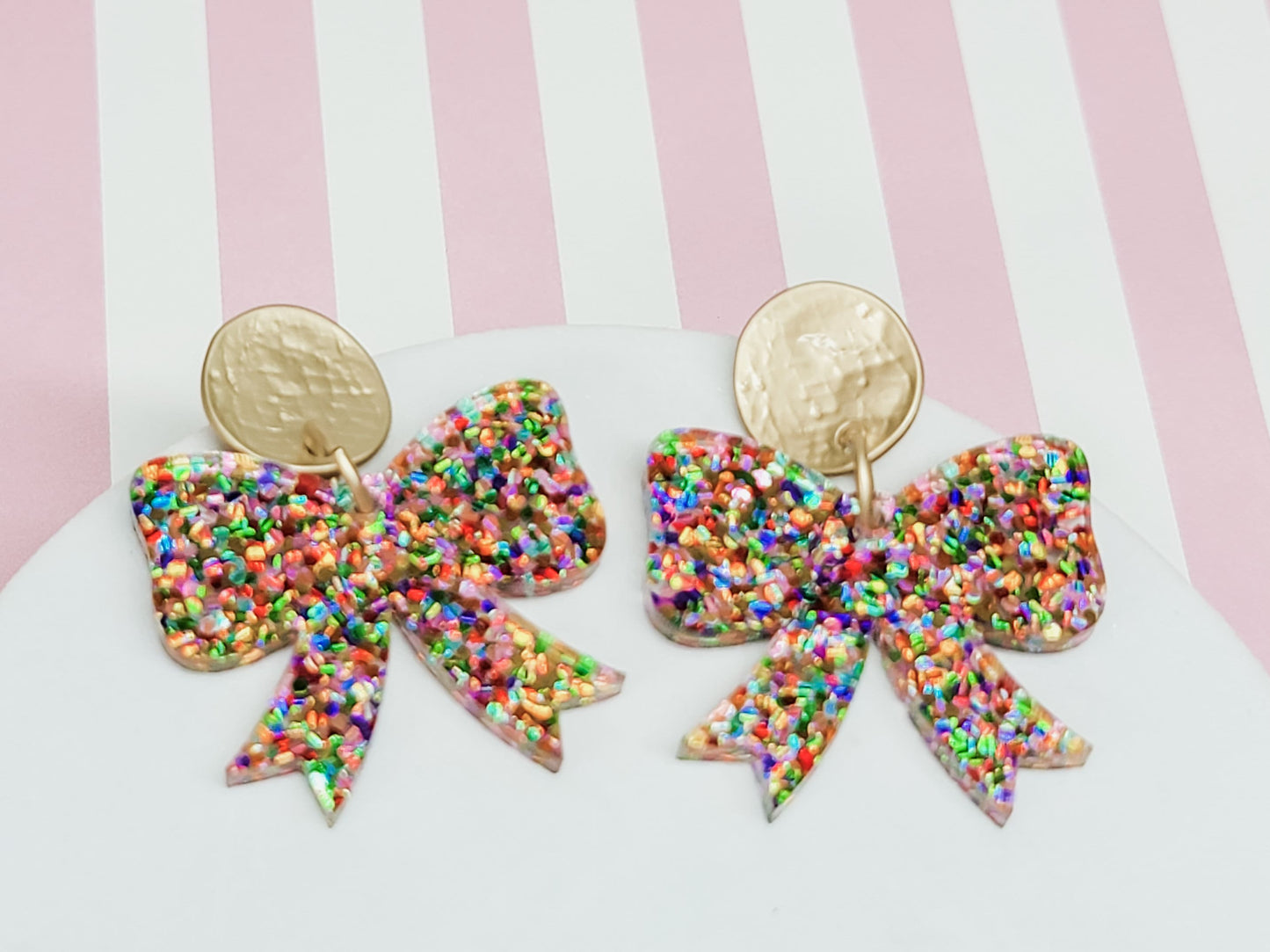 Glitter Bow Earrings, Bow Studs, Pink Acrylic Bow Earrings, Bow Jewelry, Glitter Pendant